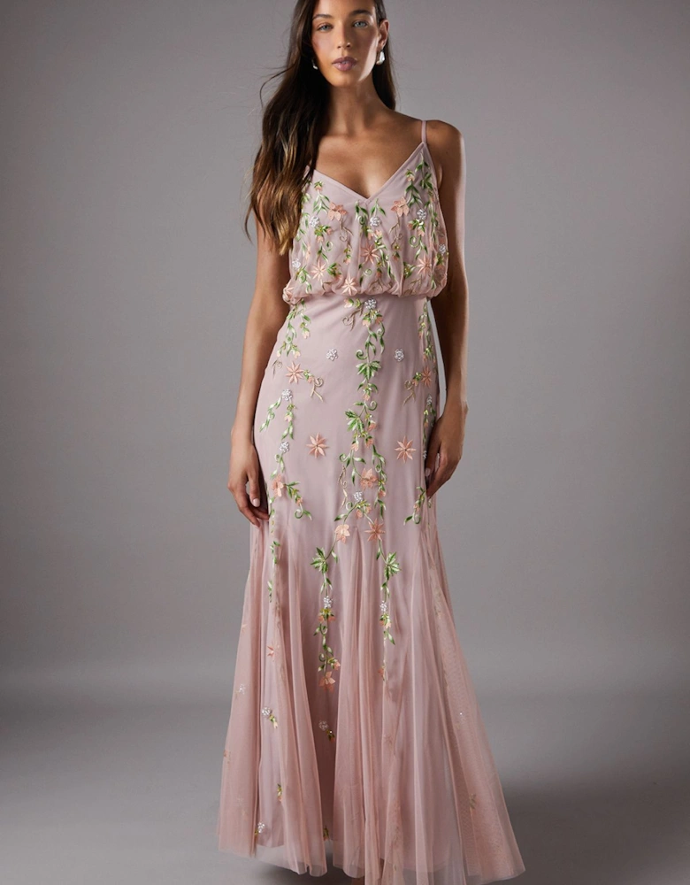 Embroidered Maxi Dress With Godet Detail