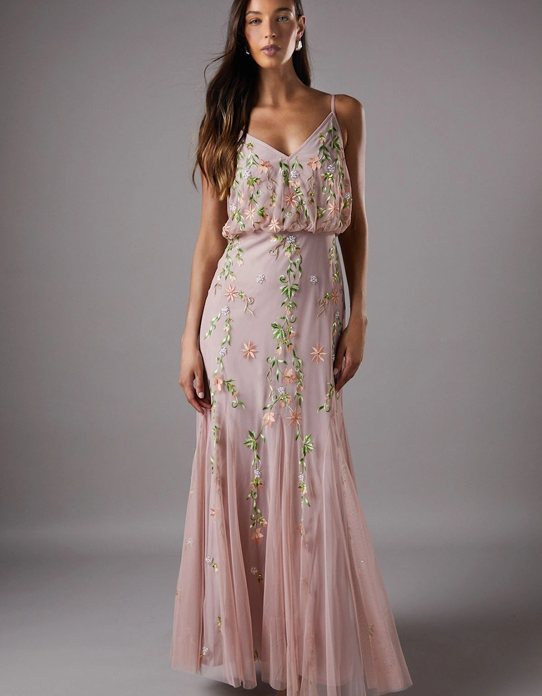 Embroidered Maxi Dress With Godet Detail, 2 of 1
