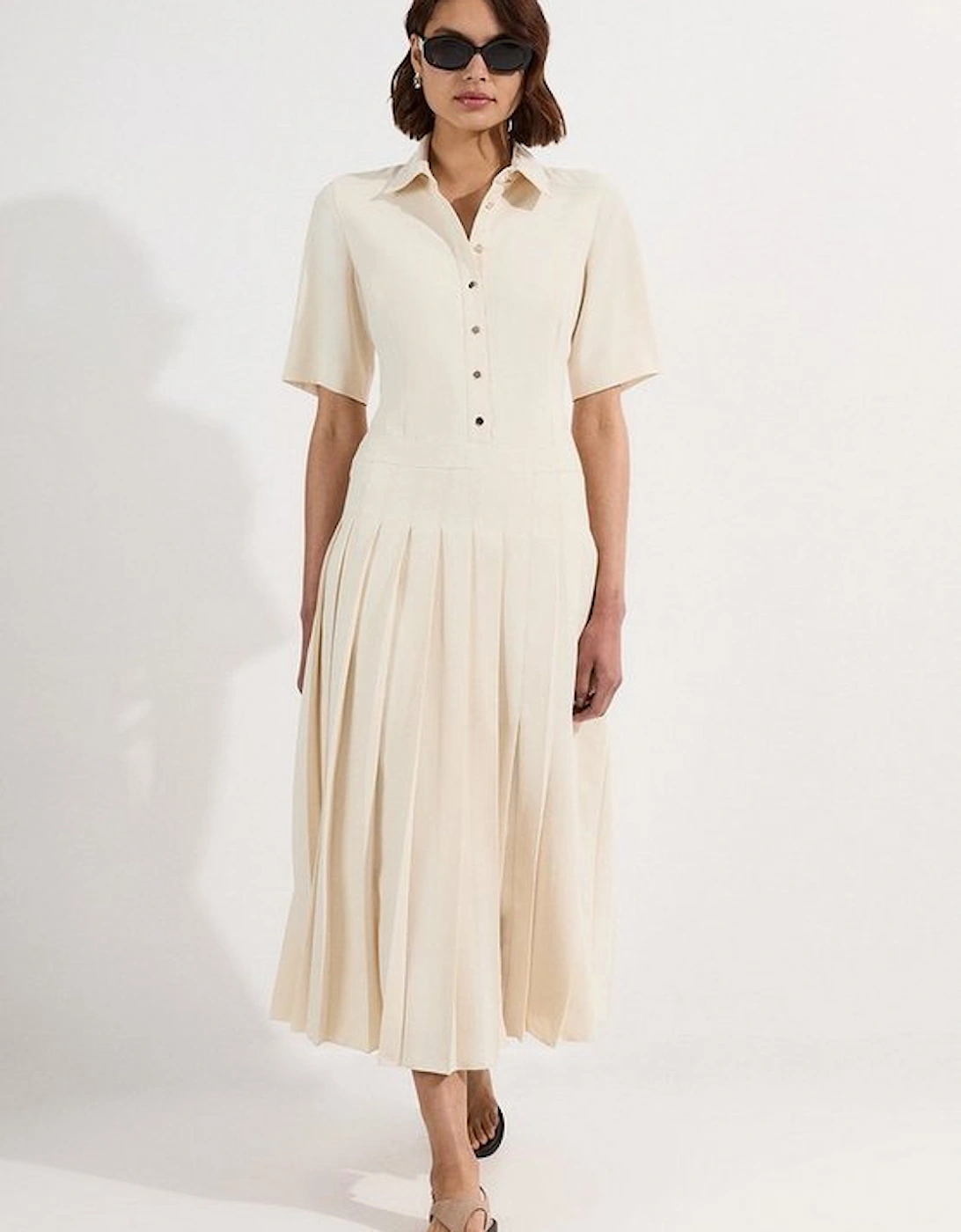Tailored Crepe Pleated Shirt Dress, 4 of 3