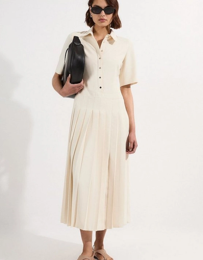 Tailored Crepe Pleated Shirt Dress