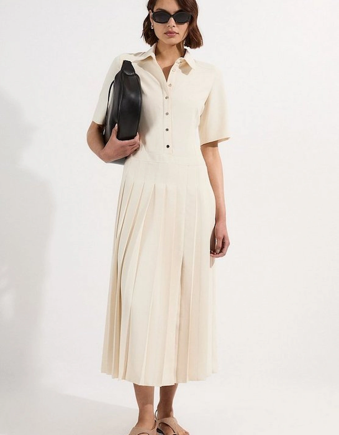 Tailored Crepe Pleated Shirt Dress