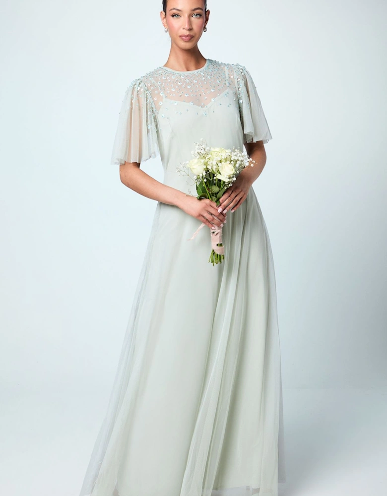 Scattered Floral Embellishment Angel Sleeve Bridesmaids Dress