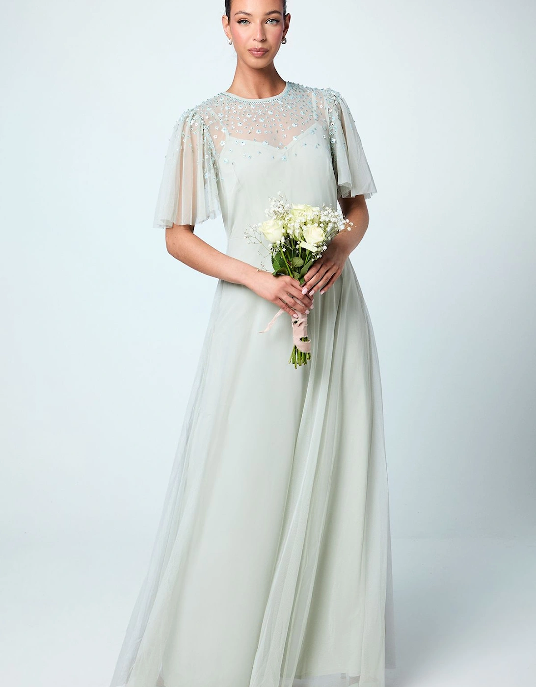 Scattered Floral Embellishment Angel Sleeve Bridesmaids Dress, 2 of 1