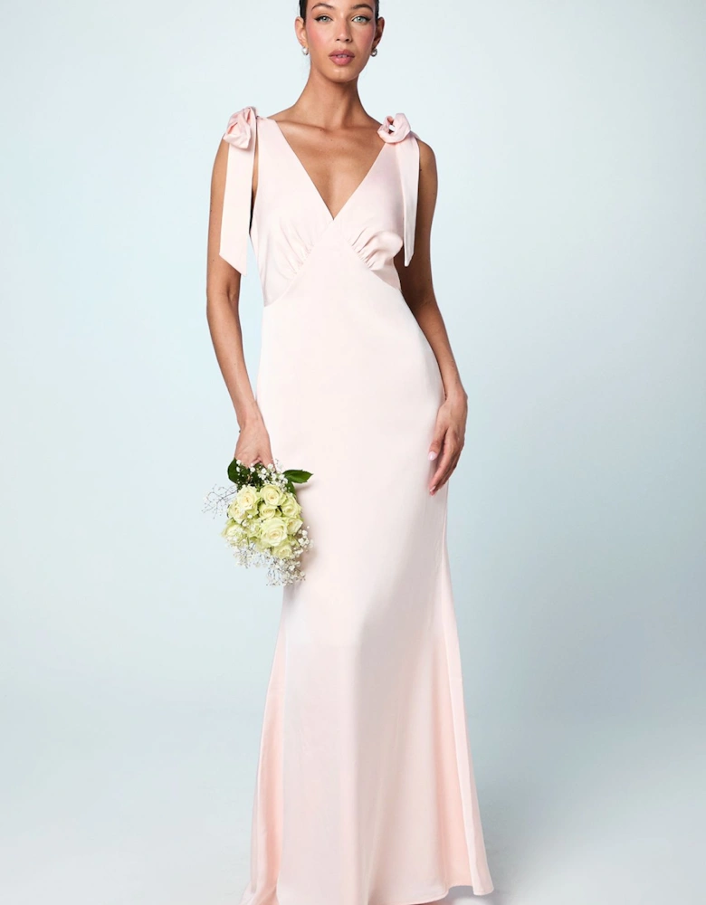 Honoured Satin Back Crepe V Neck Tie Shoulder Maxi Bridesmaid Dress