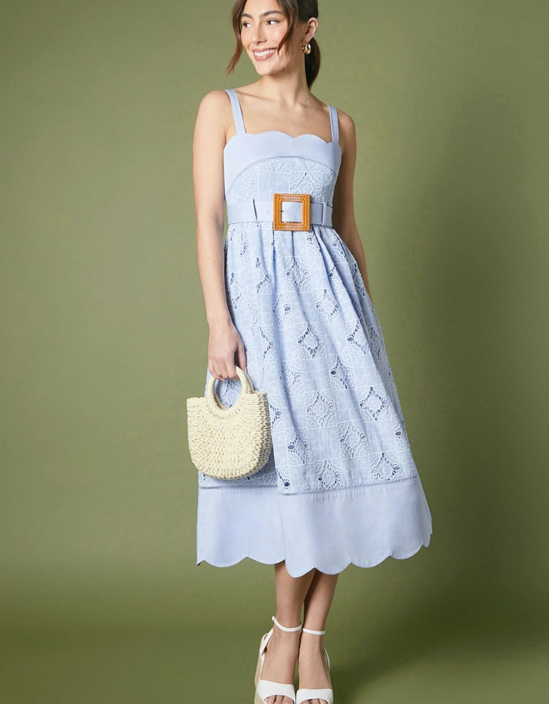Broderie Belted Midi Dress With Scallop Detail