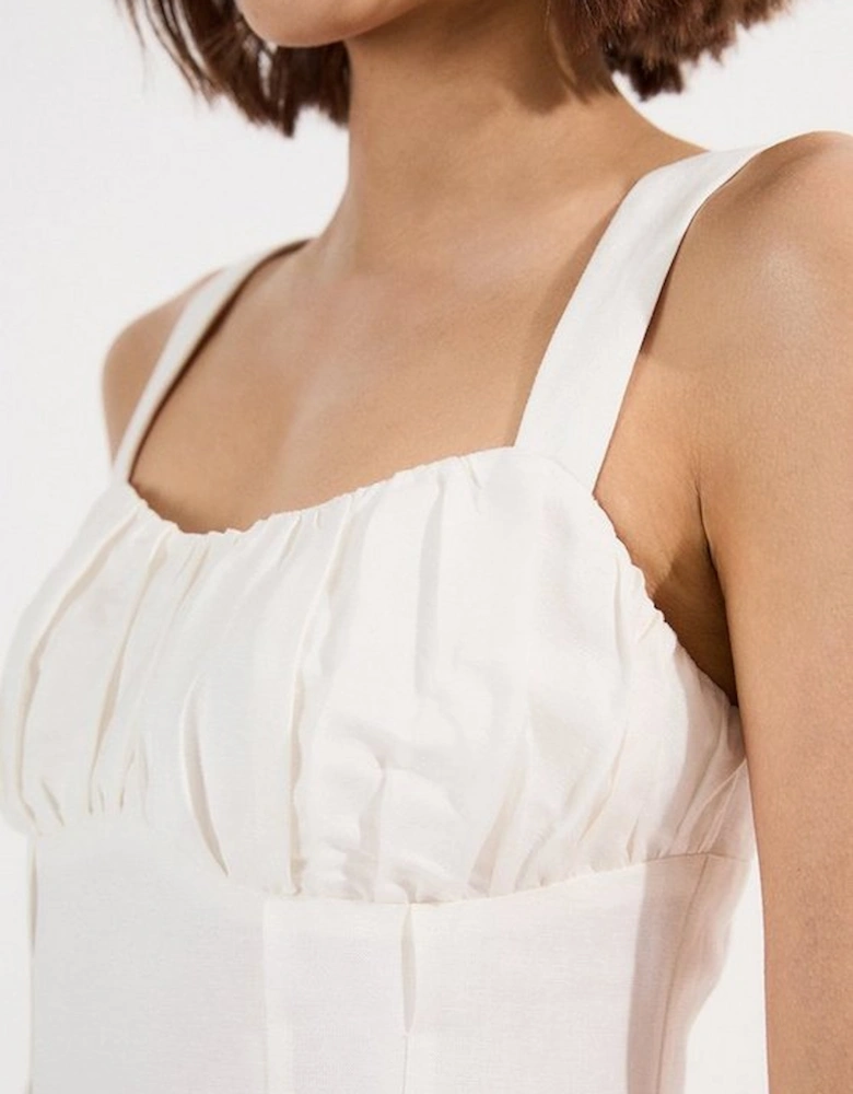 Viscose Linen Ruched Detail Strappy Woven Midi Dress