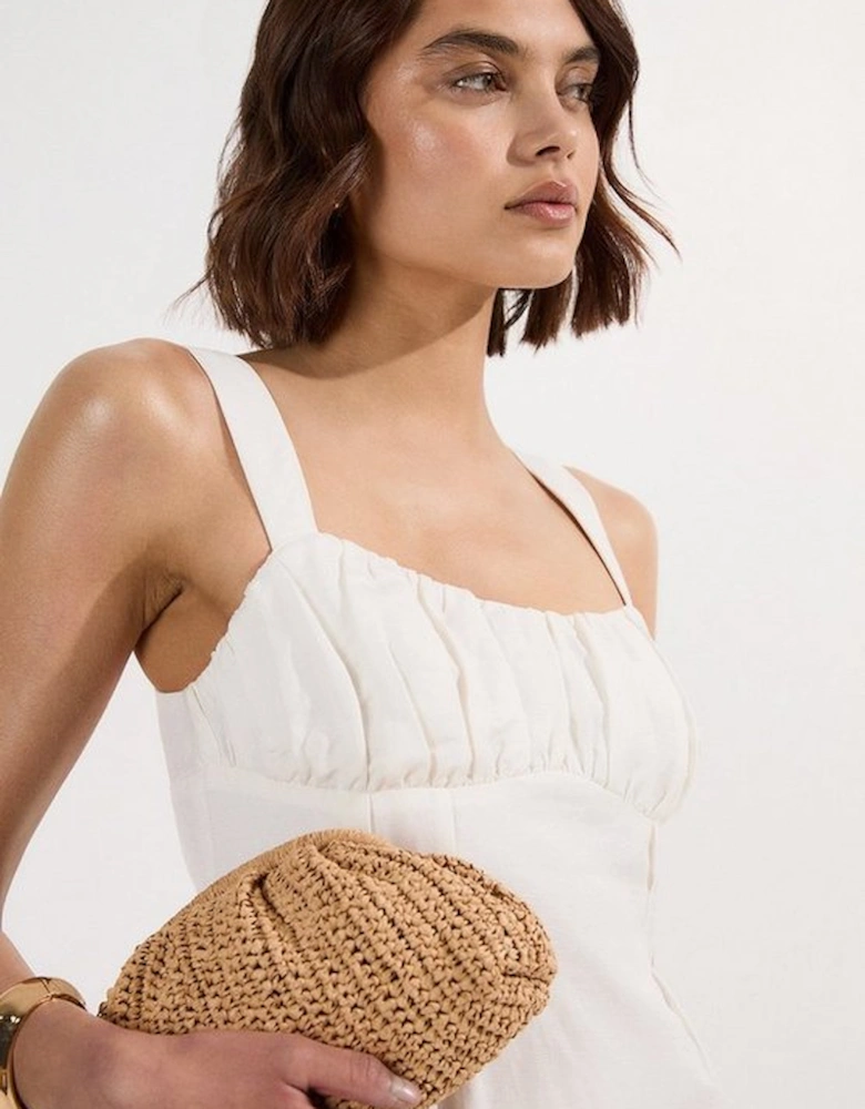 Viscose Linen Ruched Detail Strappy Woven Midi Dress