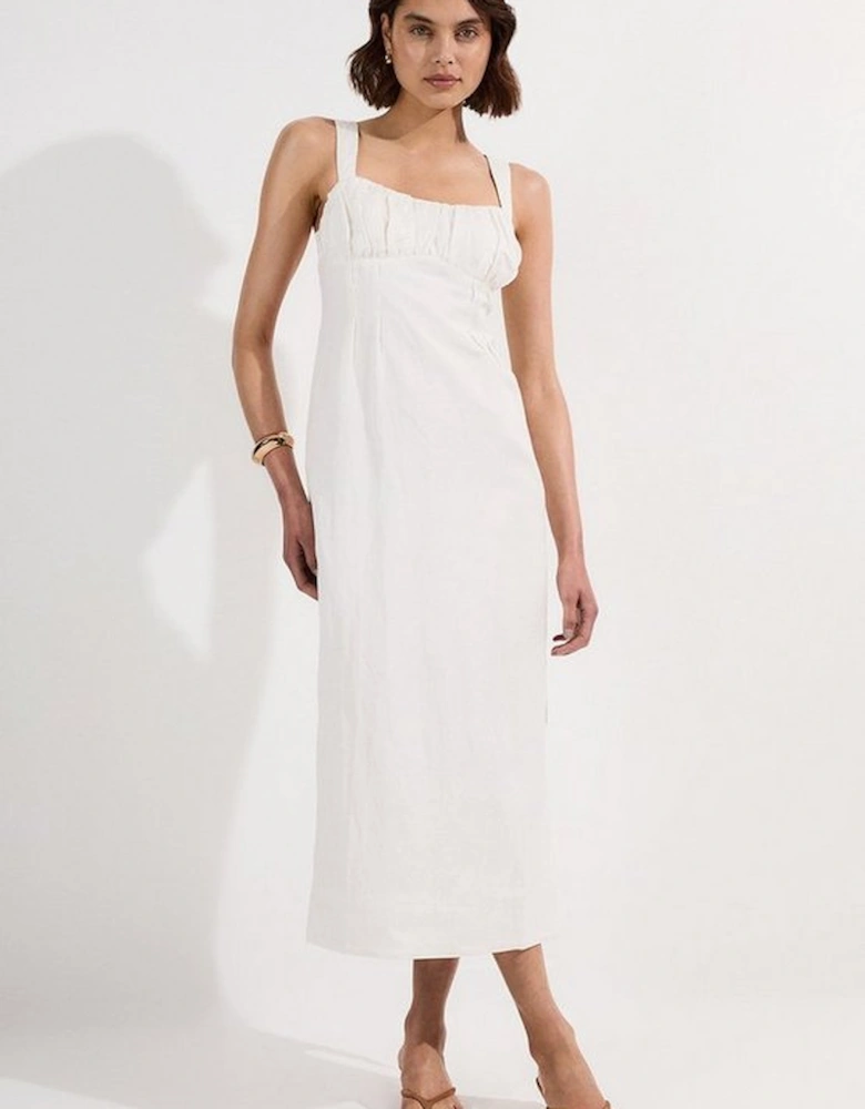 Viscose Linen Ruched Detail Strappy Woven Midi Dress