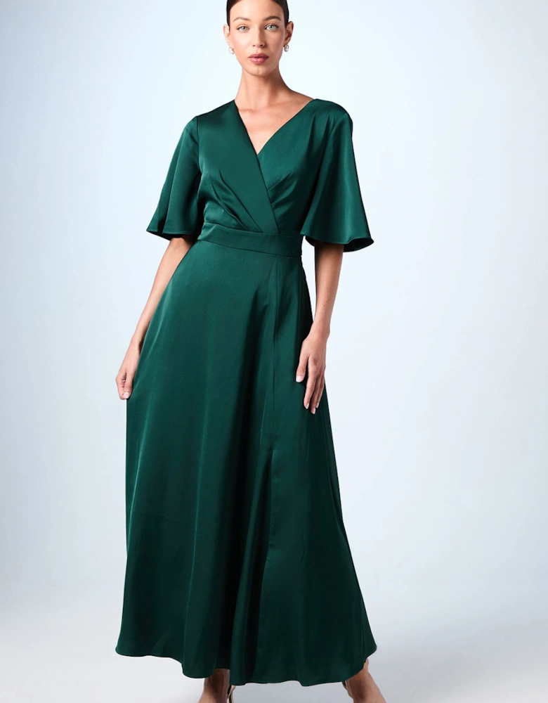 Angel Sleeve Wrap Satin Maxi Bridesmaids Dress