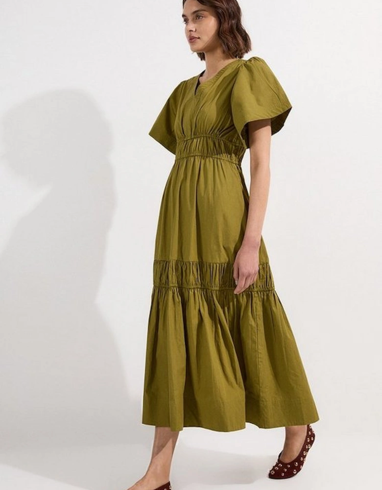 Shirred Cotton Tiered Woven Midaxi Dress