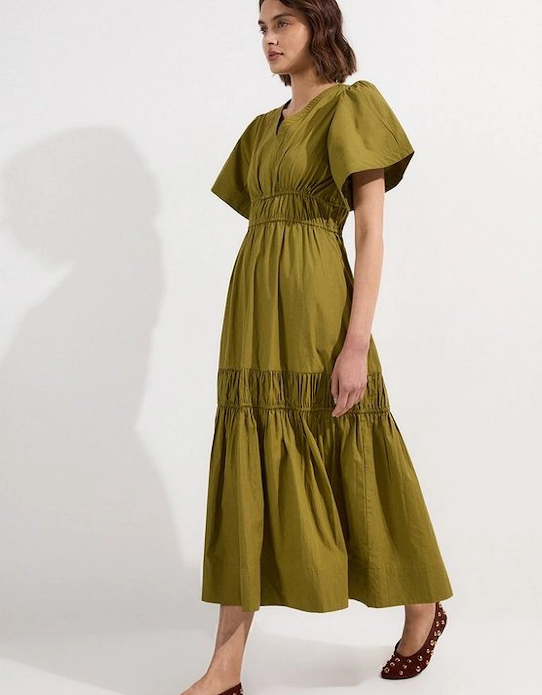 Shirred Cotton Tiered Woven Midaxi Dress