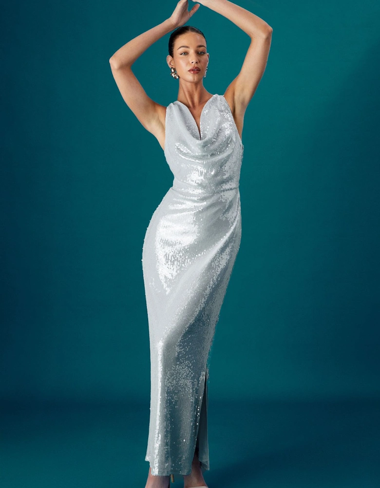Cowl Front Halter Sequin Maxi Dress