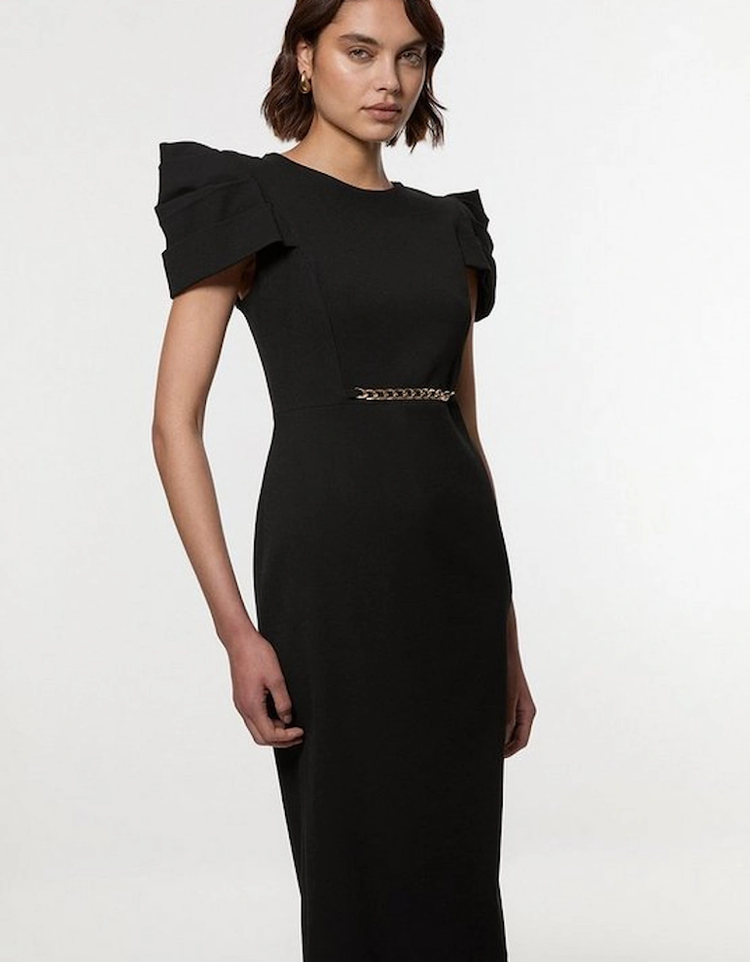 Structured Crepe Shoulder Detail Tailored Midi Dress, 4 of 3