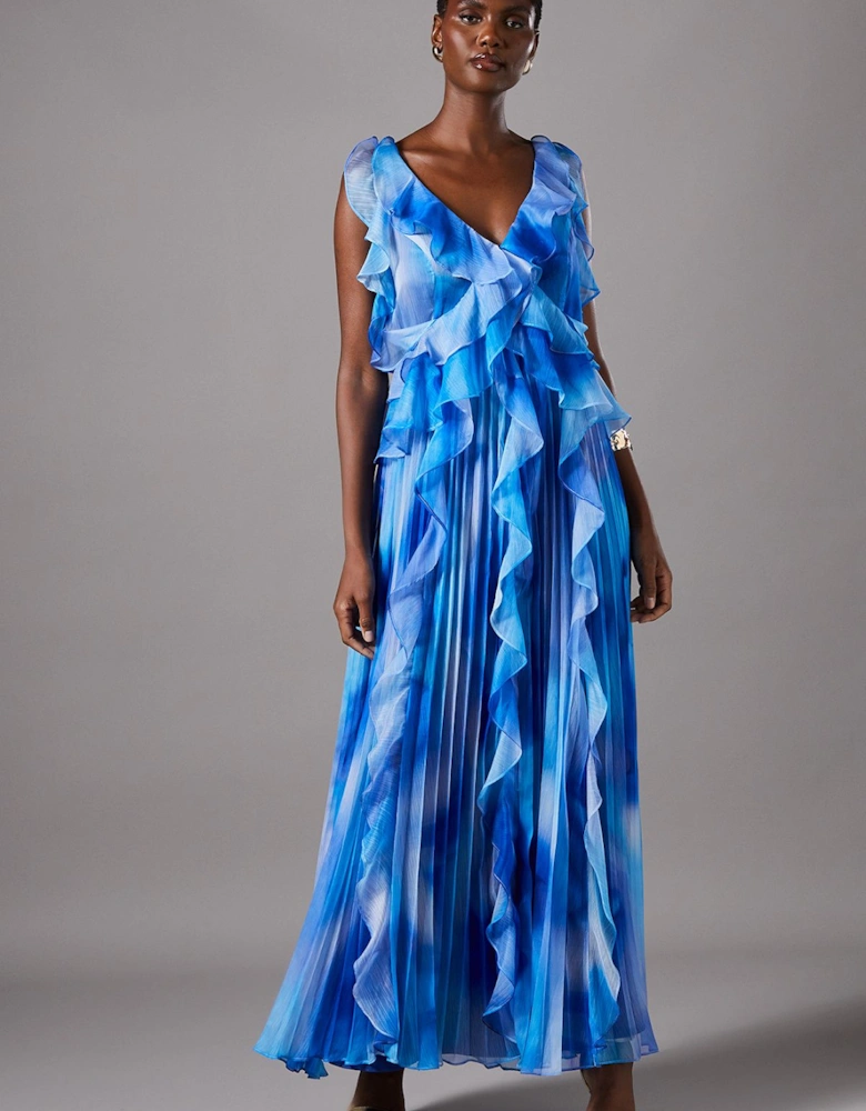 Sleeveless V Neck Chiffon Frill Maxi Holiday Dress