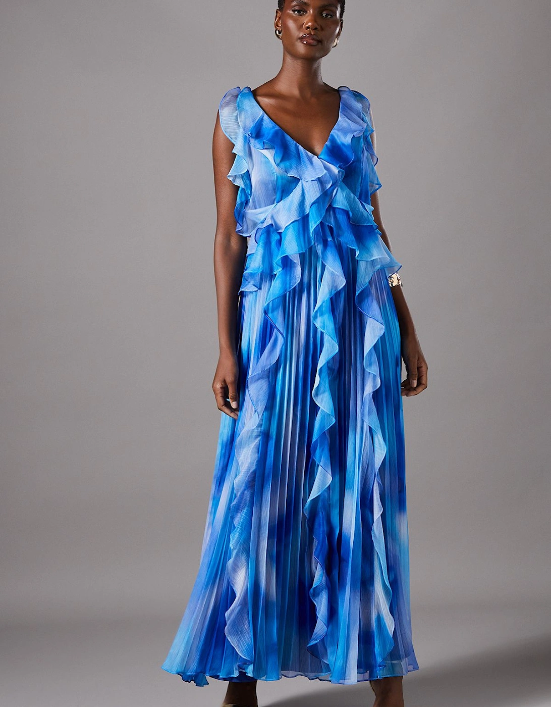 Sleeveless V Neck Chiffon Frill Maxi Holiday Dress, 2 of 1