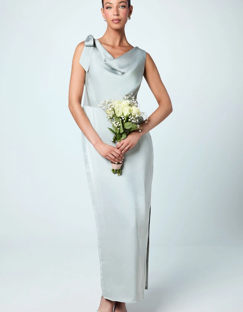 Cowl Detail Tie Shoulder Column Satin Bridesmaids Dress