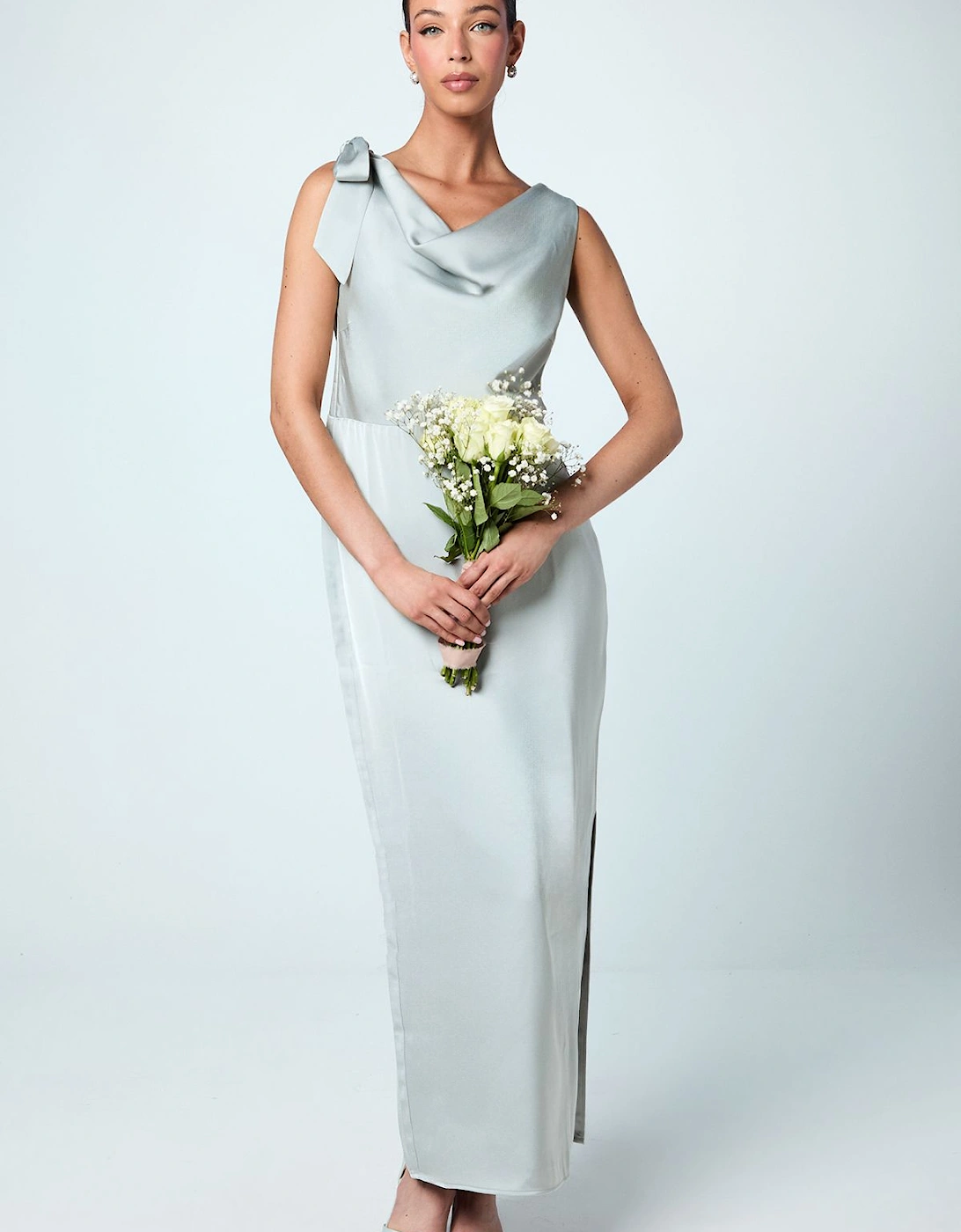 Cowl Detail Tie Shoulder Column Satin Bridesmaids Dress, 2 of 1