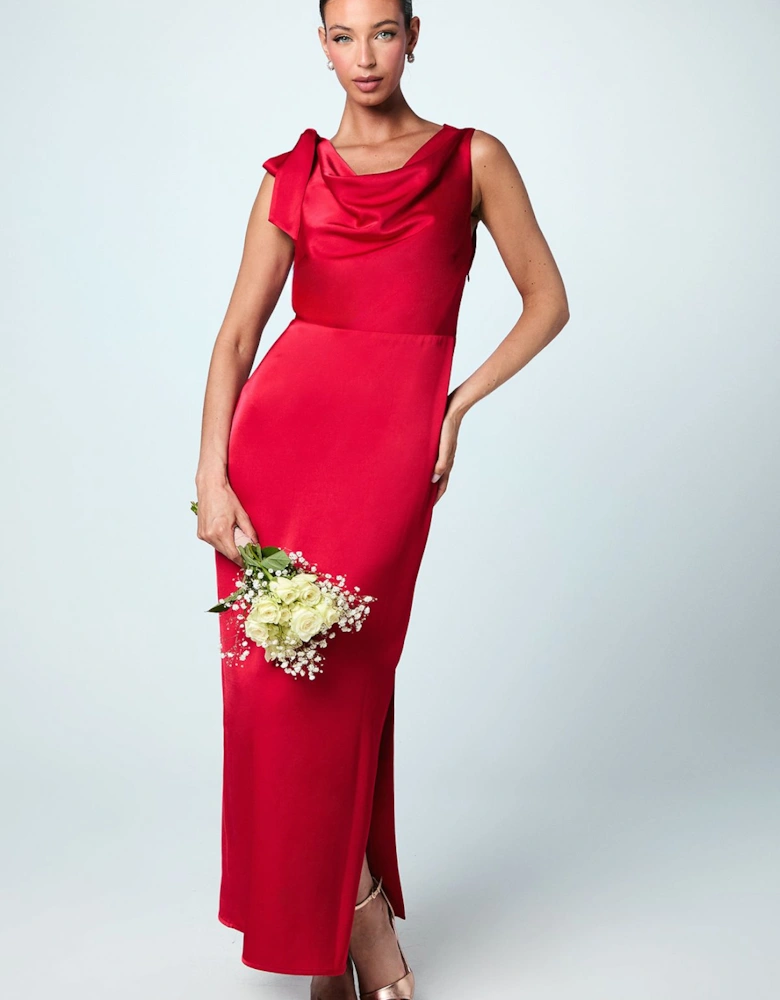 Cowl Detail Tie Shoulder Column Satin Maxi Dress