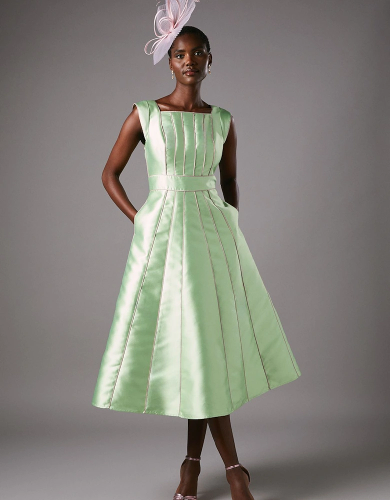 Printed Twill Seamed Midi Dress With Piping