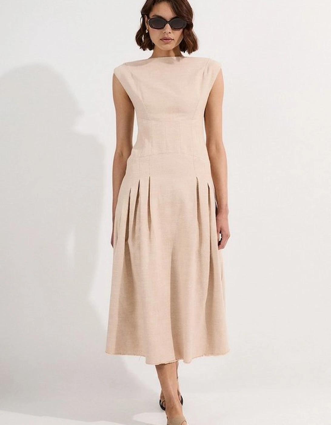 Spring Tweed Tailored Sleeveless Full Skirted Midi Dress