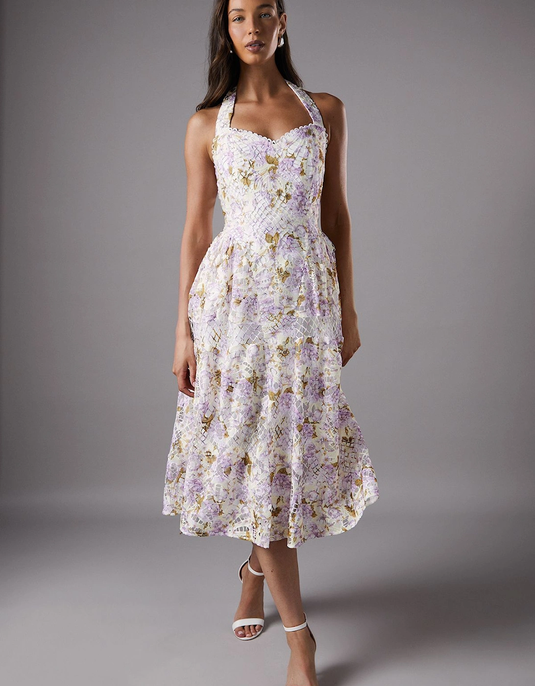 Printed Lace Halter Neck Midi Dress, 2 of 1