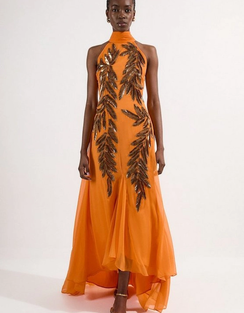 Halter Neck Feather Sequin Detail Woven Maxi Dress