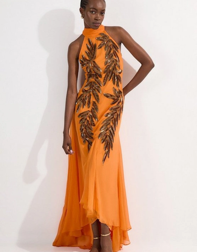 Halter Neck Feather Sequin Detail Woven Maxi Dress