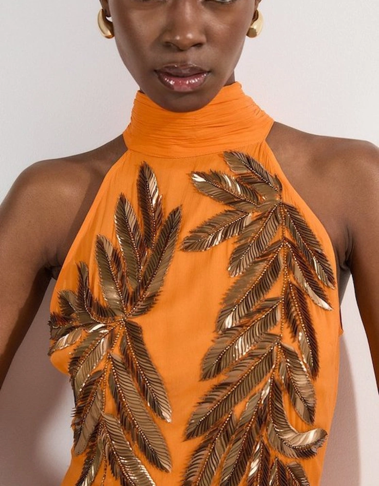 Halter Neck Feather Sequin Detail Woven Maxi Dress