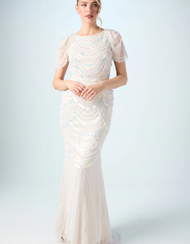 Beaded Tulle Wedding Dress with Cap Sleeve