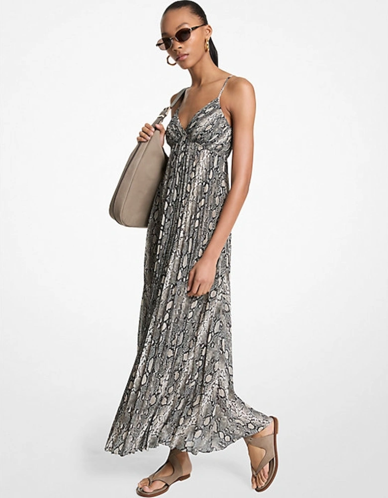 Snake Print Georgette Pleated Maxi Dress
