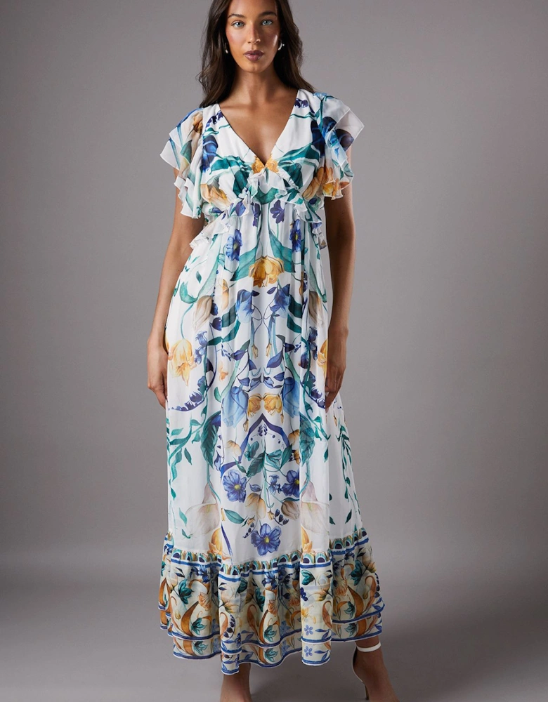 Sleeveless Chiffon Maxi With Pleat Detail And Frill Sleeve