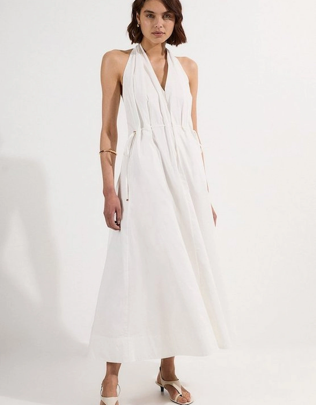 Cotton Ruched Waist Woven Midi Dress, 4 of 3