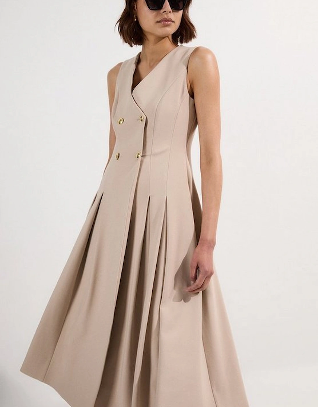 Compact Stretch Sleeveless Full Skirted Button Front Tailored Midi Dress, 4 of 3