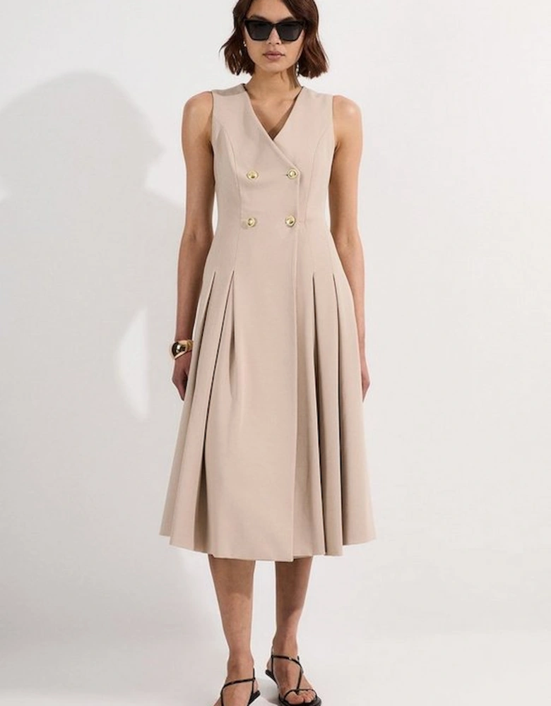 Compact Stretch Sleeveless Full Skirted Button Front Tailored Midi Dress