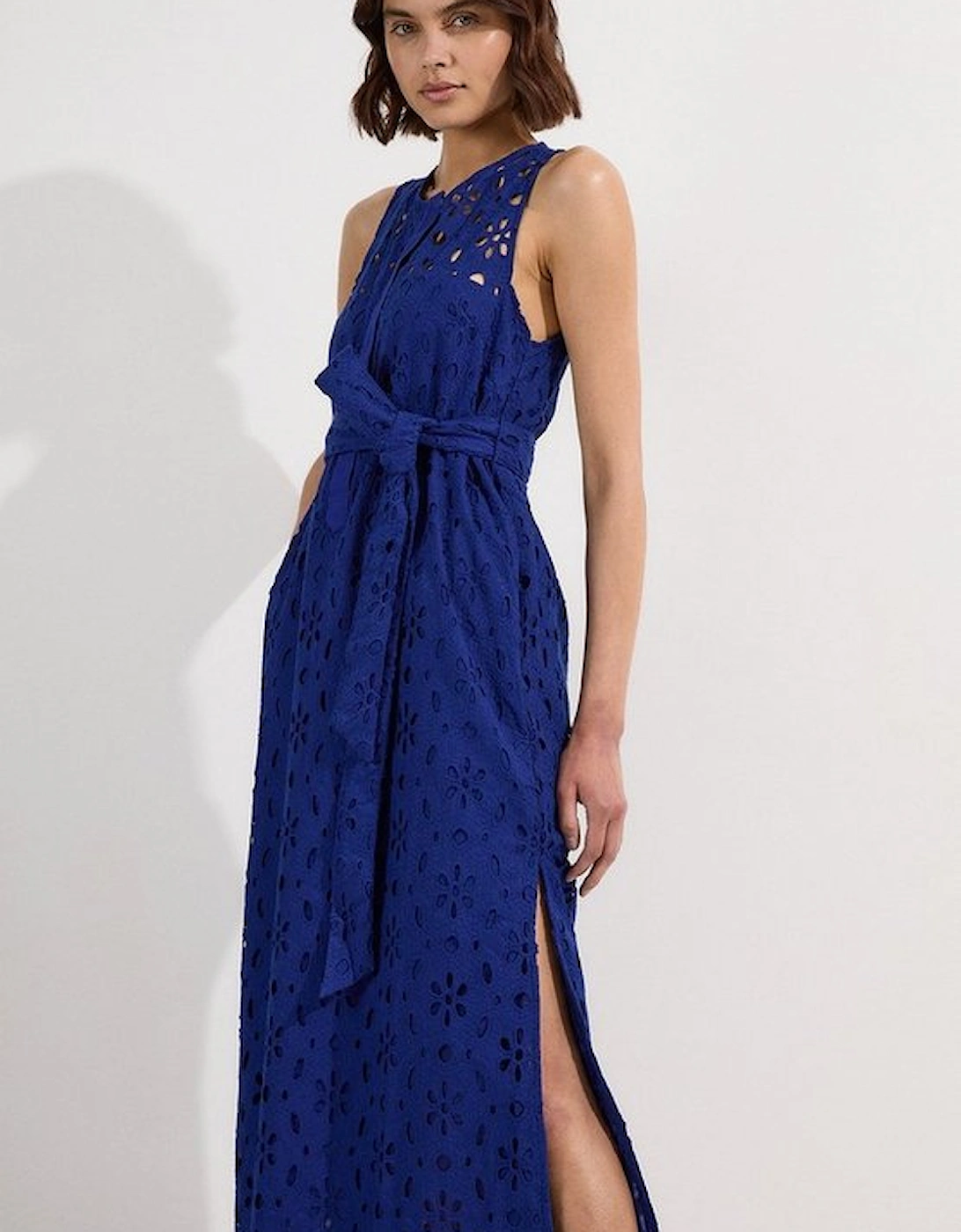 Cotton Broderie Sleeveless Belted Midi Woven Dress, 4 of 3