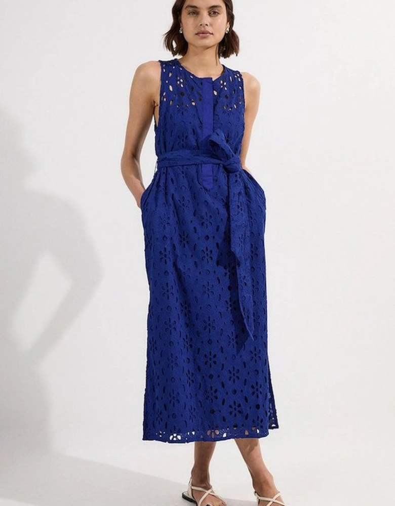 Cotton Broderie Sleeveless Belted Midi Woven Dress