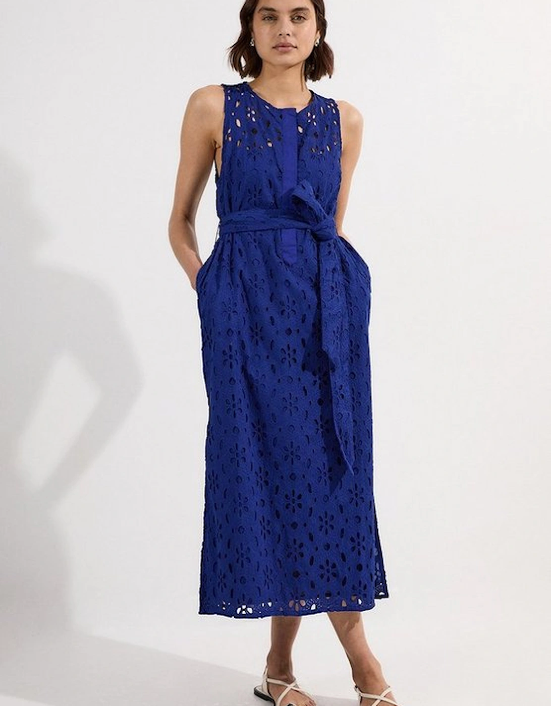 Cotton Broderie Sleeveless Belted Midi Woven Dress