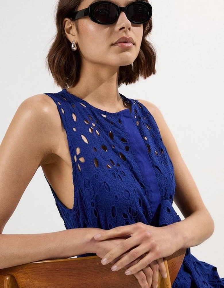 Cotton Broderie Sleeveless Belted Midi Woven Dress