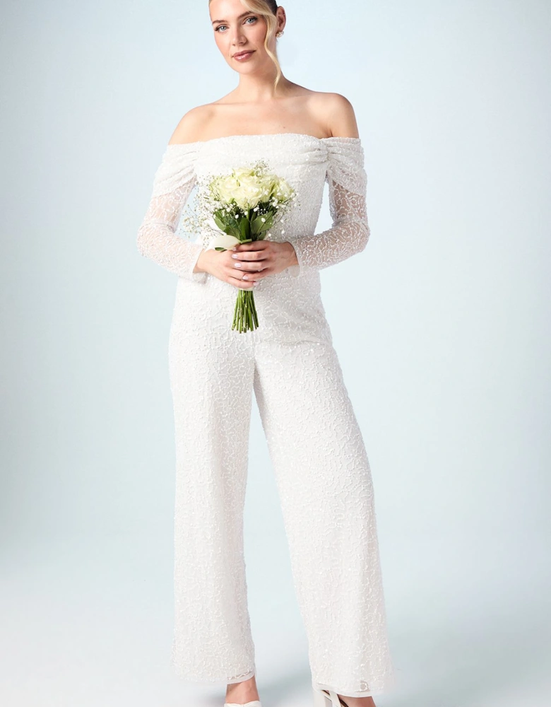 Bardot Long Sleeve Corset Bridal Jumpsuit