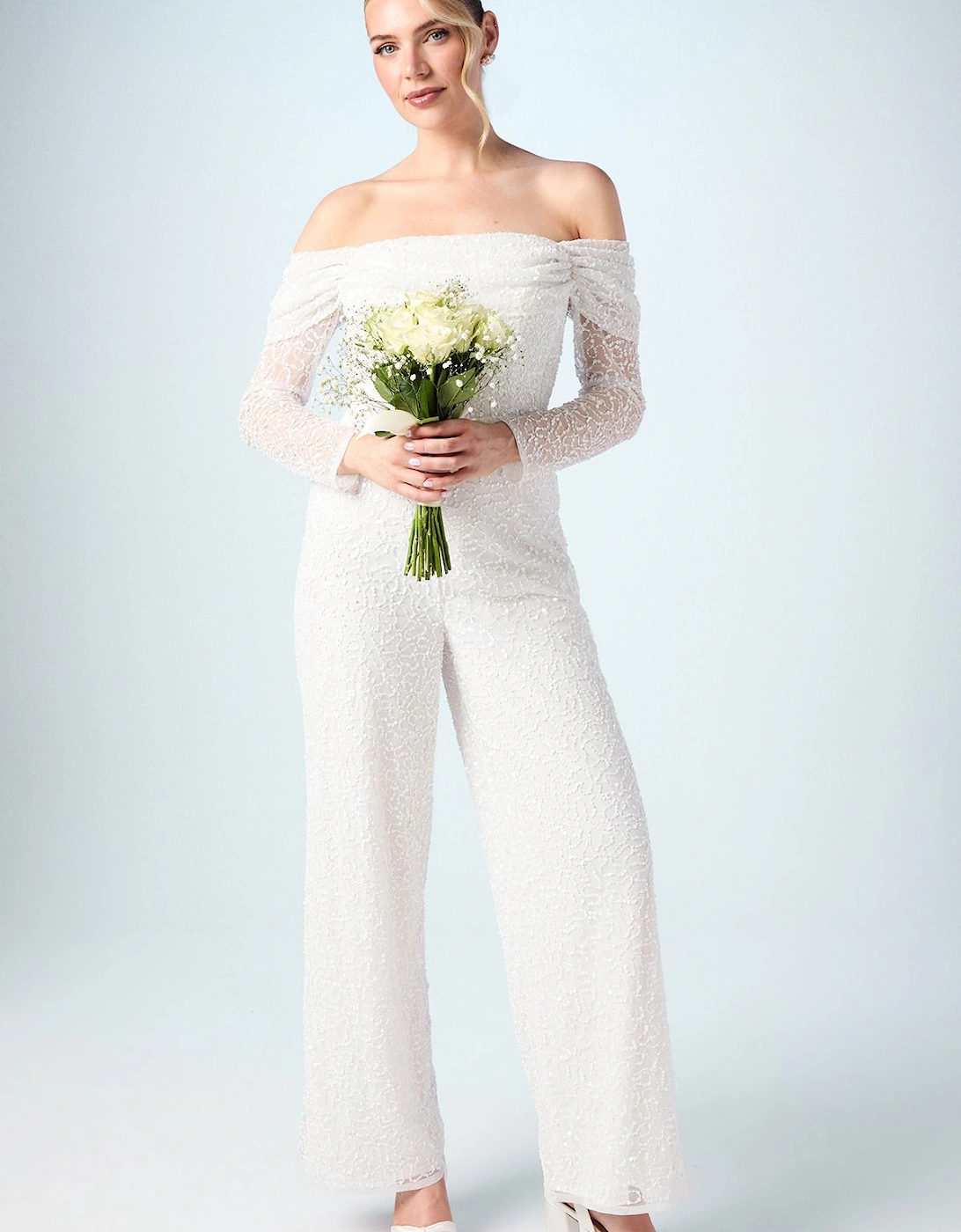 Bardot Long Sleeve Corset Bridal Jumpsuit, 2 of 1