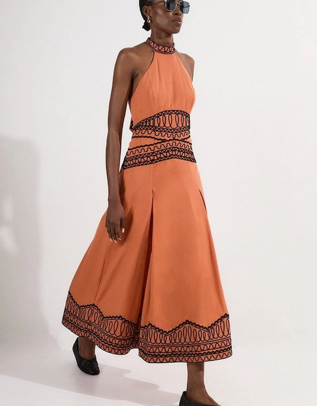 Embroidered Cotton Linen Woven Halter Dress, 4 of 3