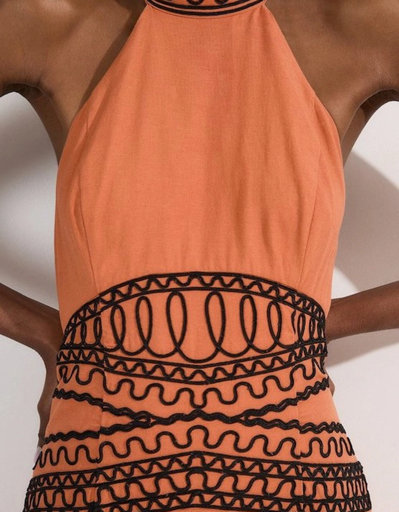 Embroidered Cotton Linen Woven Halter Dress
