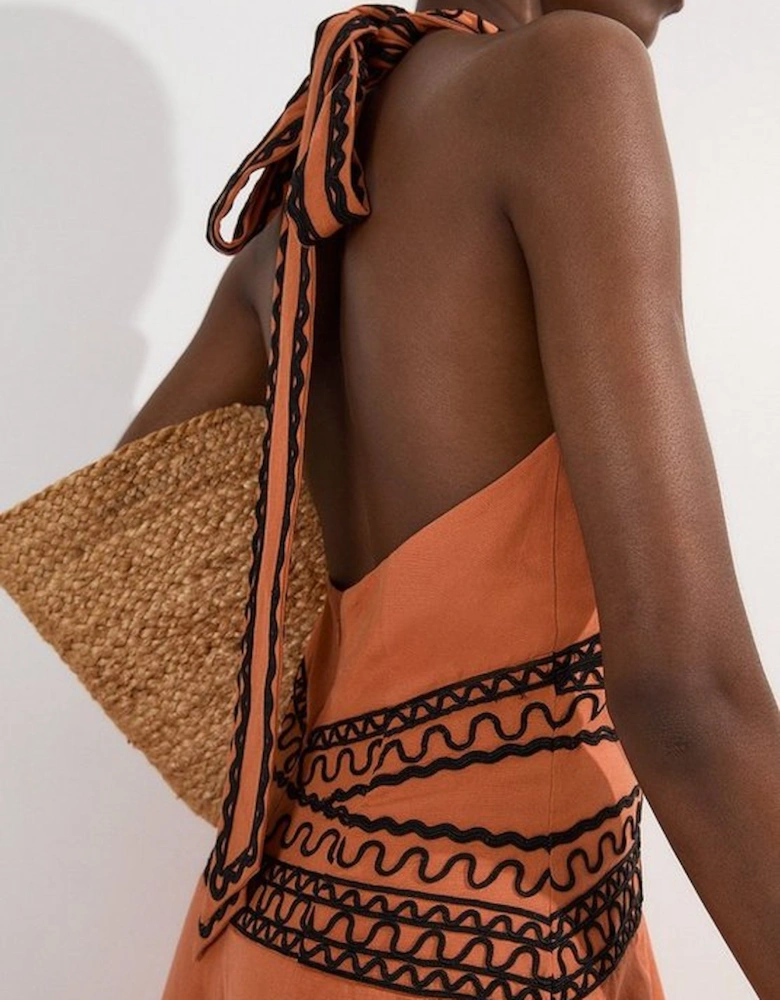 Embroidered Cotton Linen Woven Halter Dress