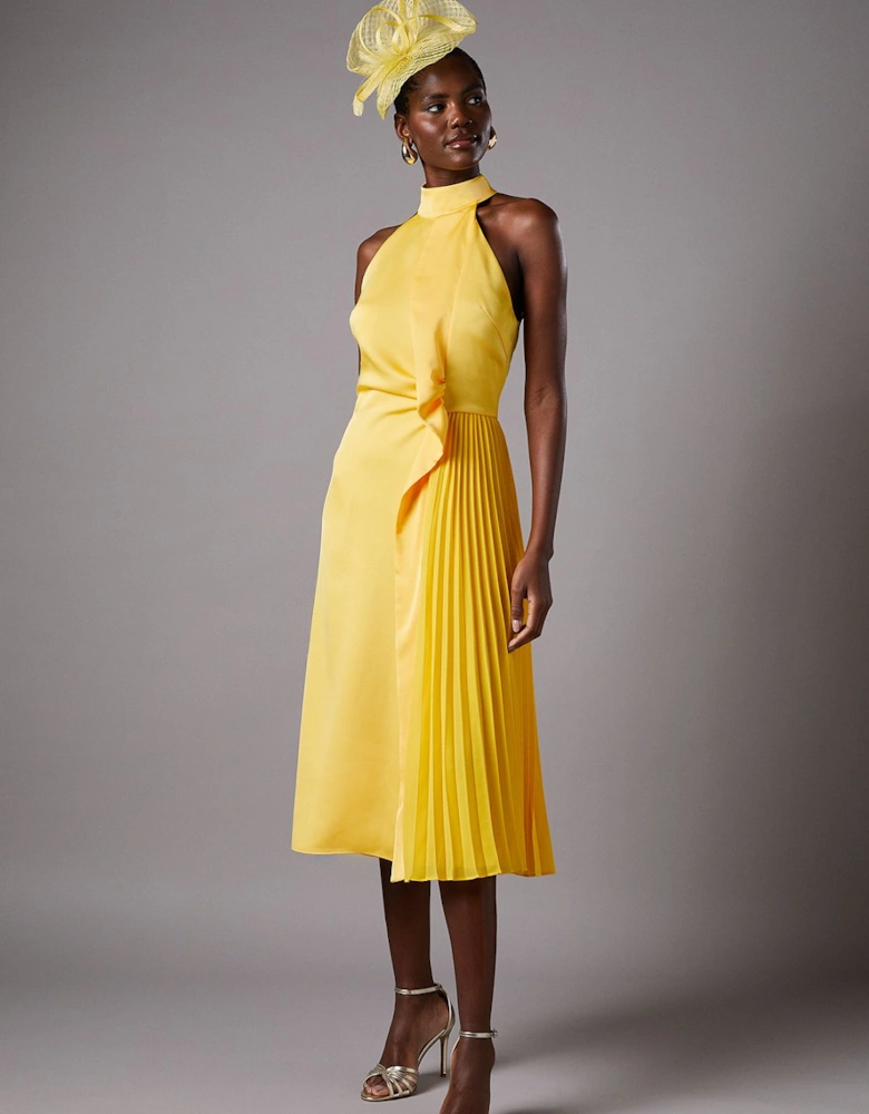 Halter Pleated Asymmetric Hem Midi Dress