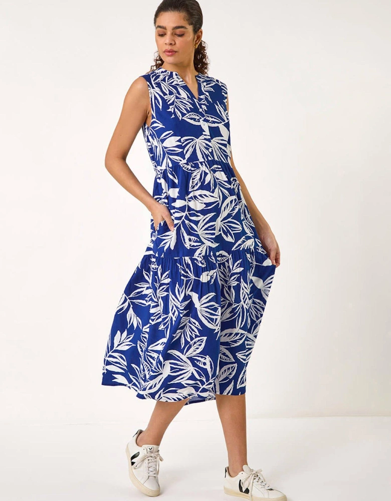 Leaf Print Tie Midi Dress - Blue