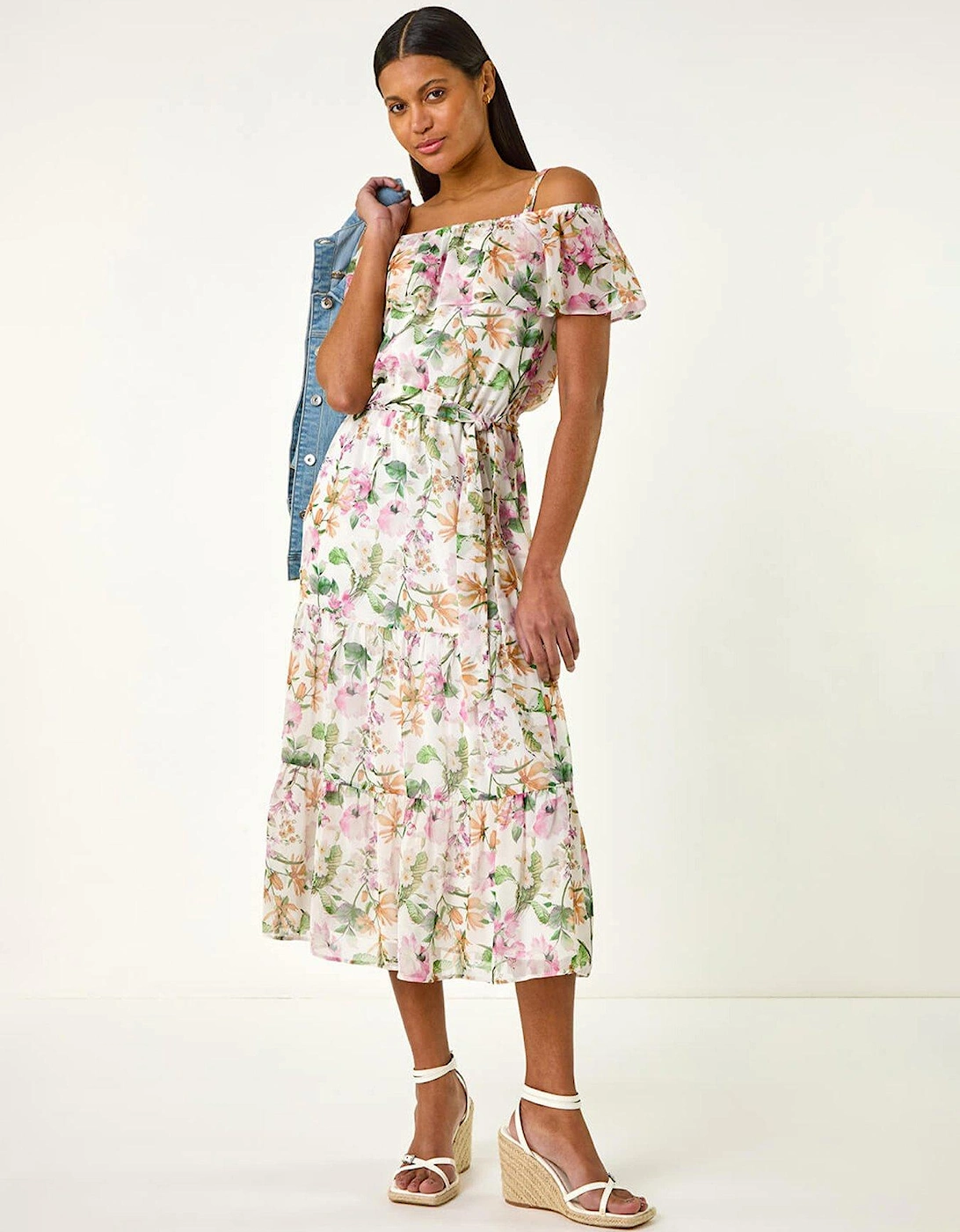 Floral Print Bardot Midi Dress - Cream, 2 of 1