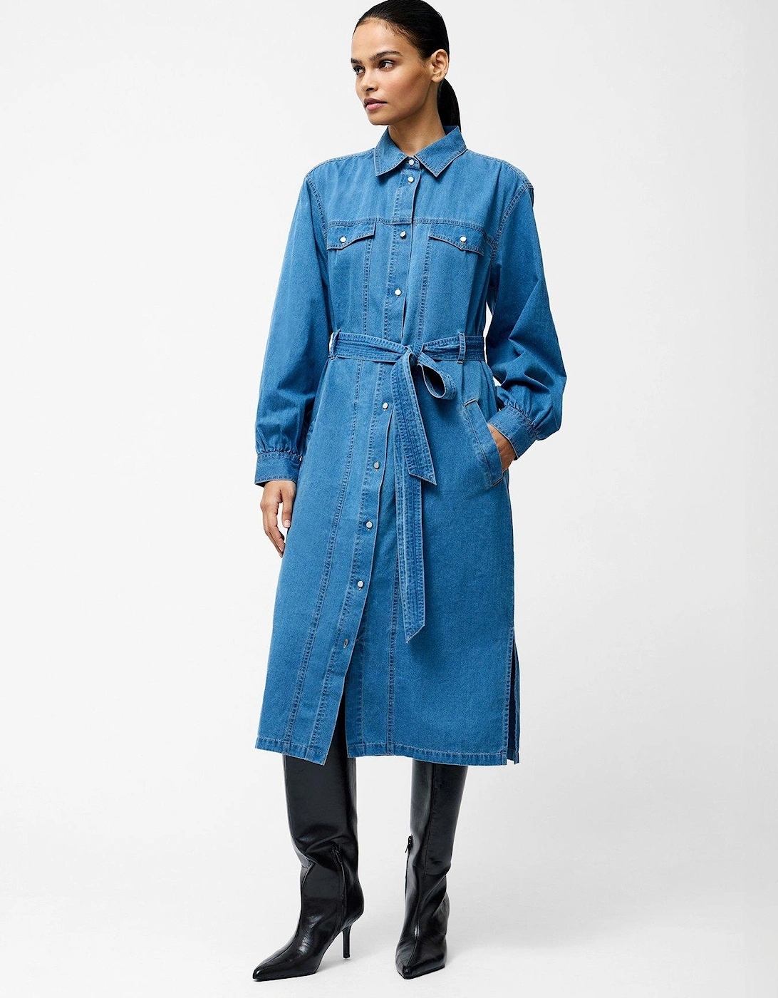 Cotton Long Balloon Sleeve Button Up Self-Tie Denim Midi Dress, 2 of 1