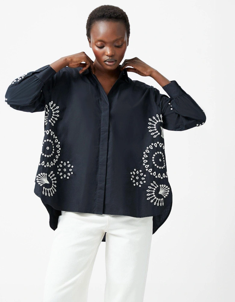 Cotton Oversized High-Low Embroidered Button-Up Shirt