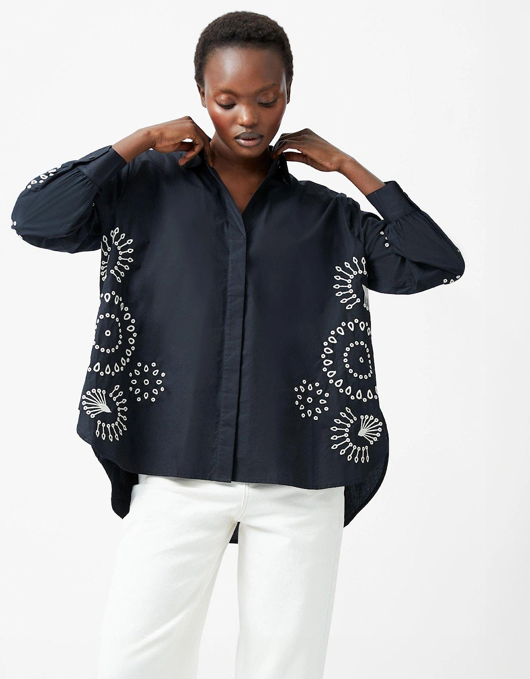 Cotton Oversized High-Low Embroidered Button-Up Shirt, 2 of 1