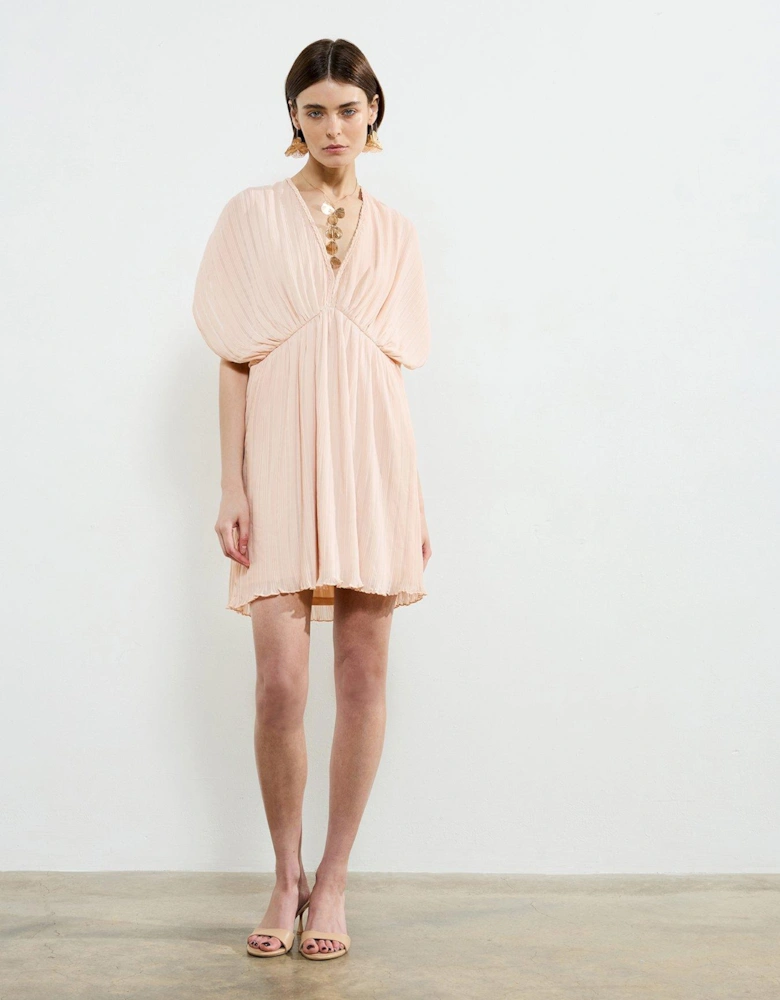 Plisse V-neck Ruched Short Sleeve Mini Dress - Pink